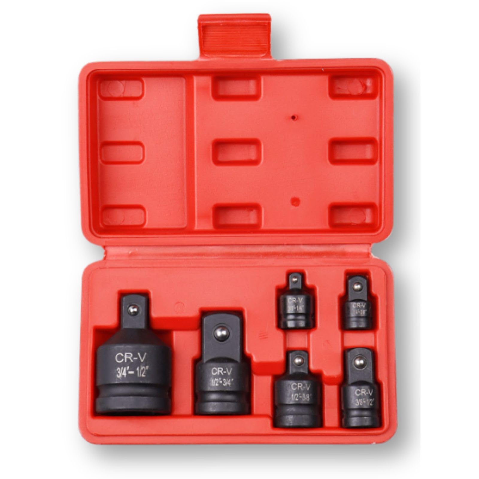 

Socket conversion adapter impact case 6 pieces Chrome set, drop-down wrench, 3/4, 1/2, 3/8, 1/4, included, (CR-V Vanadium) чёрный