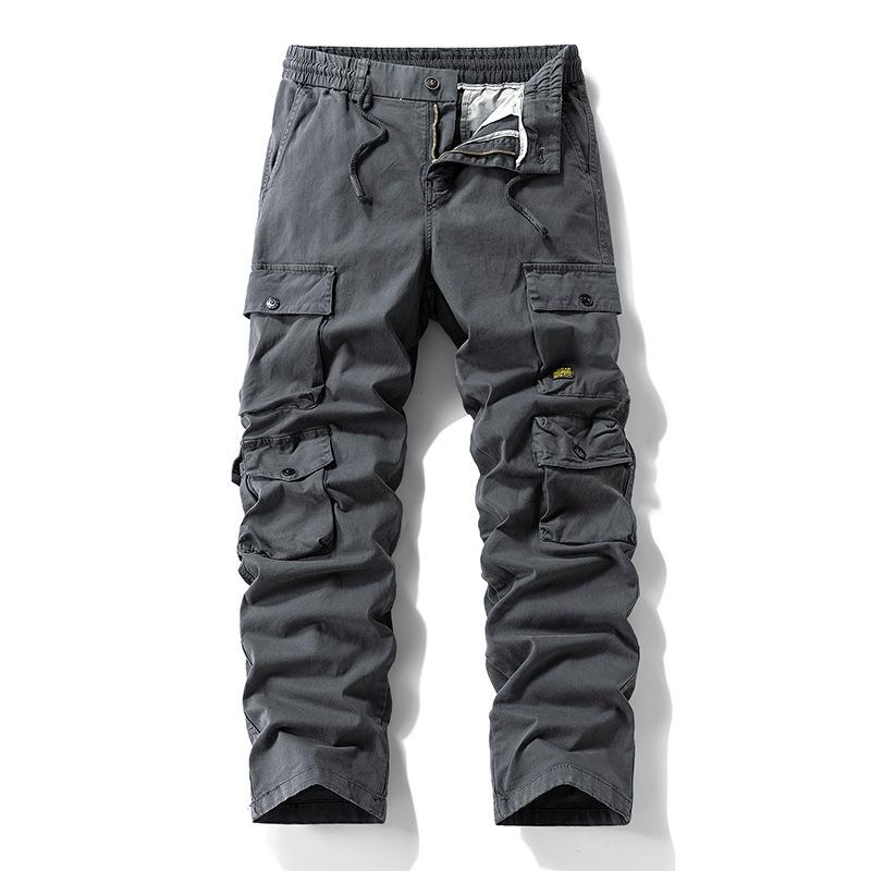 Men s Summer Men s Retro Overalls Washed Cotton Multi-bag Straight Solid Color Leggings Casual Pants 29 серый