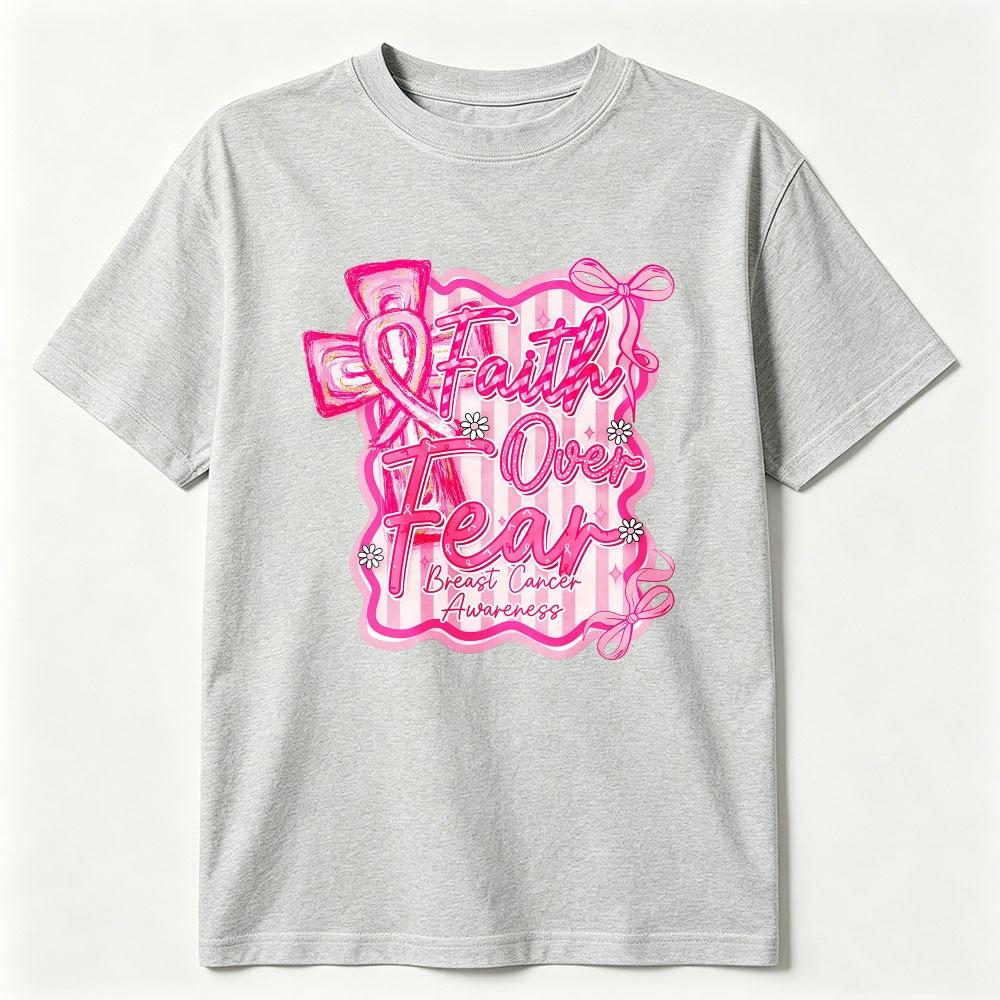Preppy Breast Cancer Faith Over Fear Coquette Tshirt Breast Cancer Awareness Shirt Breast Cancer Cotton Tee Pink Ribbon Clothing