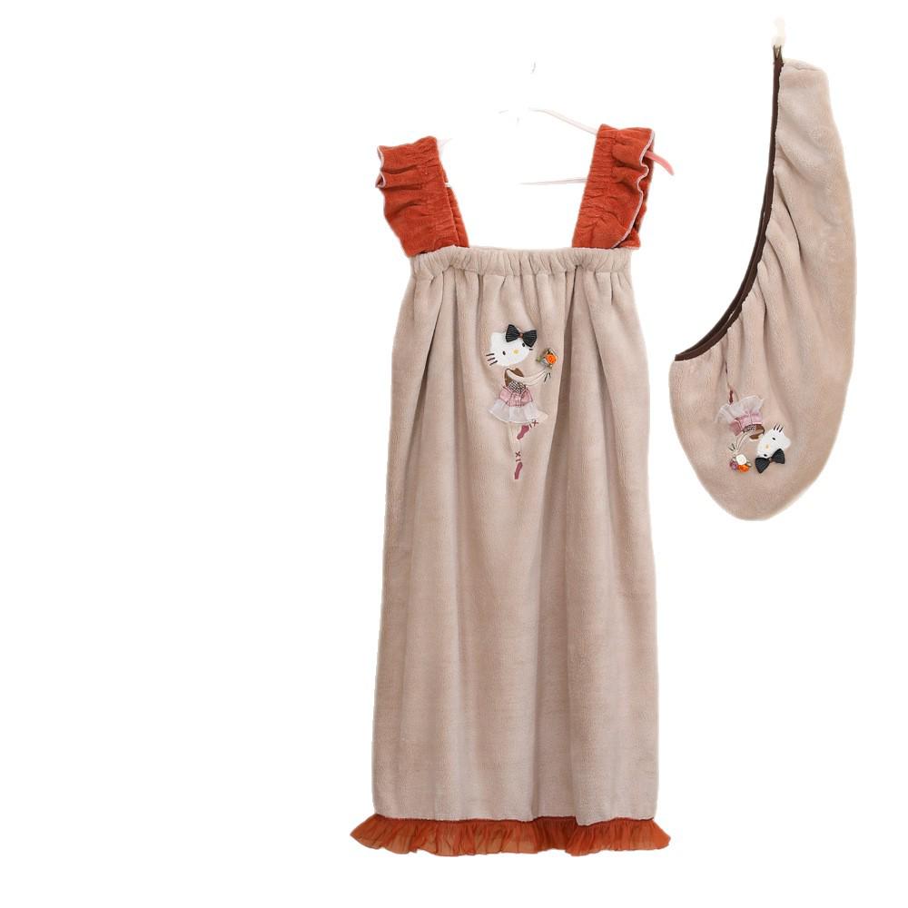 Quick-Drying Absorbent Coral Fleece Bath Towel & Wearable Ballet Cat Bath Robe with Cap