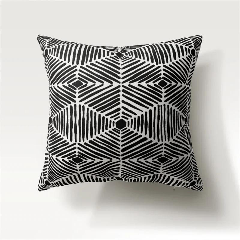 Black And White Geometric Pattern Throw Pillow Cover With Short Plush Print For Living Room Sofa Decoration Cushion Cover