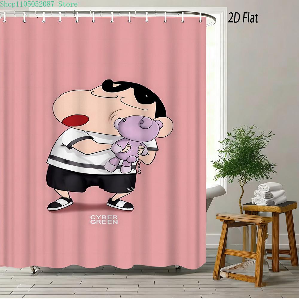 Crayon Shin-Chan Umbrella Walking Cartoon 2D Print Waterproof Shower Curtain, Minimalist White Bathroom Decor With Hooks