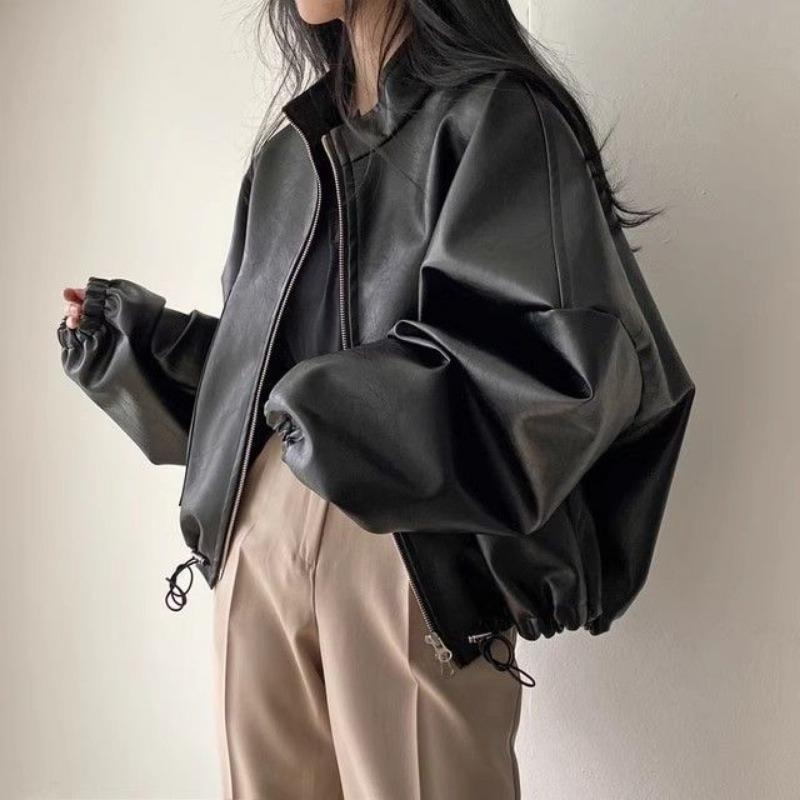 Autumn Winter Street Style Vintage Loose Casual Fashion PU Leather Coat Women Pocket Jacket Cardigan Top