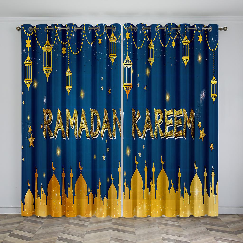 Eid Mubarak Ramadan  Lslamic Muslim Supplies Kareem 2 Pieces Shading Darkening Window Curtain for Living Room Bedroom Decor