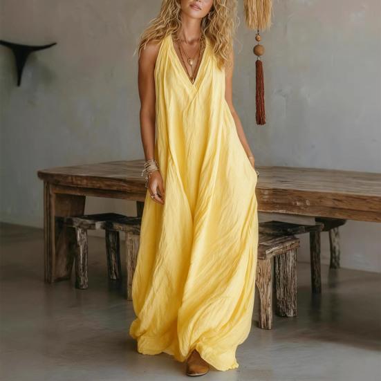 Ärmelloses Sommer-Maxikleid für Damen im Boho-Stil mit V-Ausschnitt, fließendem Muster, perfekt für Strandurlaub und Freizeit. Lässiges A-Linien-Kleid.