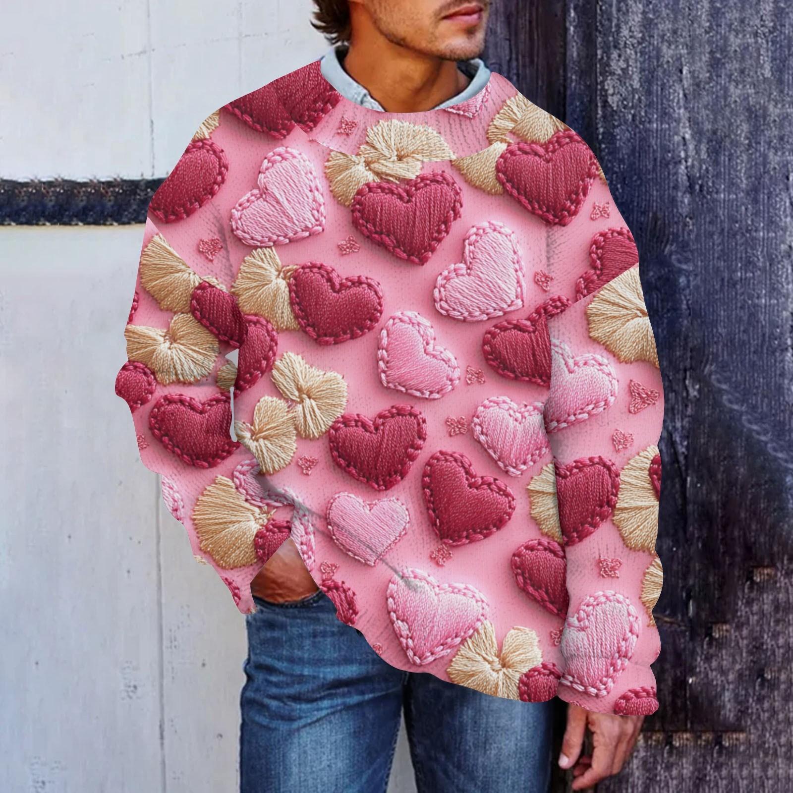 

Мужская мода Повседневная кофта с длинными рукавами на День святого Валентина Нежный принтованный свитер с круглым вырезом из шерсти и имитацией цветка Толстовка с капюшоном с круглым вырезом Свободные длинные рукава XL арбуз красный