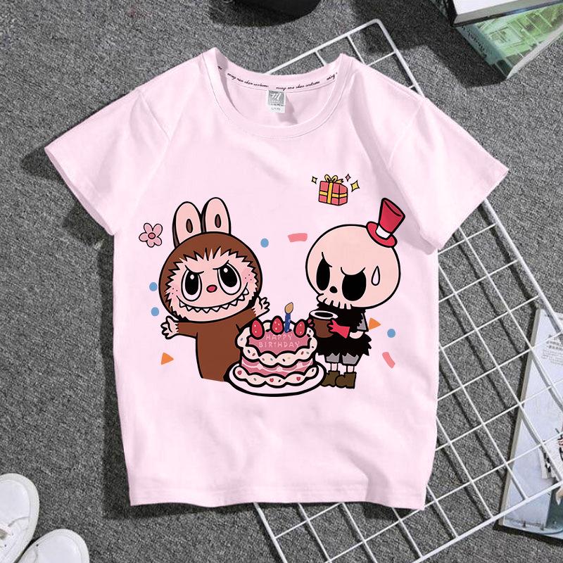 

Anime LABUBU Cartoon Pink Children s T-shirt Summer Cute Printed Girl Round Neck Short Sleeve 100