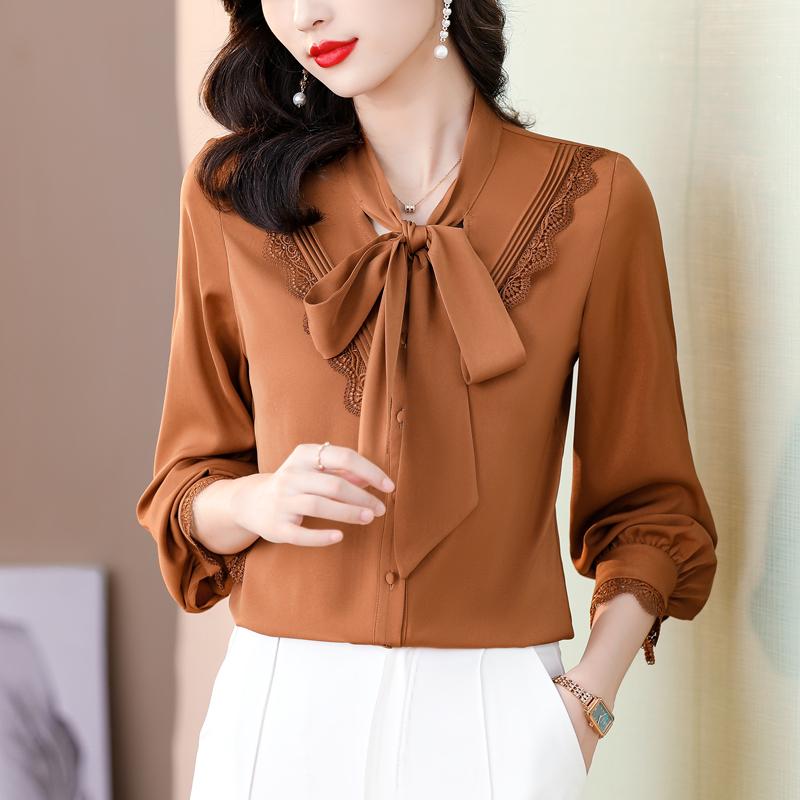 Brand Women's High-End Silk Bow Tie Blouse - Fashionable Style