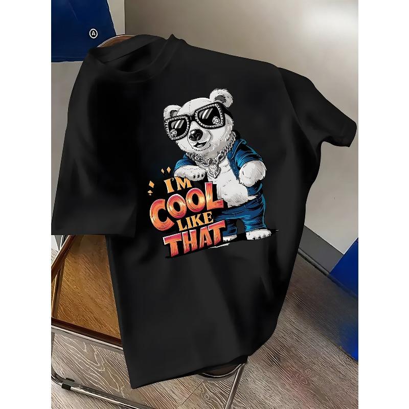 Herren-T-Shirt mit coolem Bären-Print, „I'M COOL LIKE THAT“ Buchstaben-Grafik, Modische Brille, Halskette und Denim-Trend-Logo, Beliebte Marke im Ins-Stil