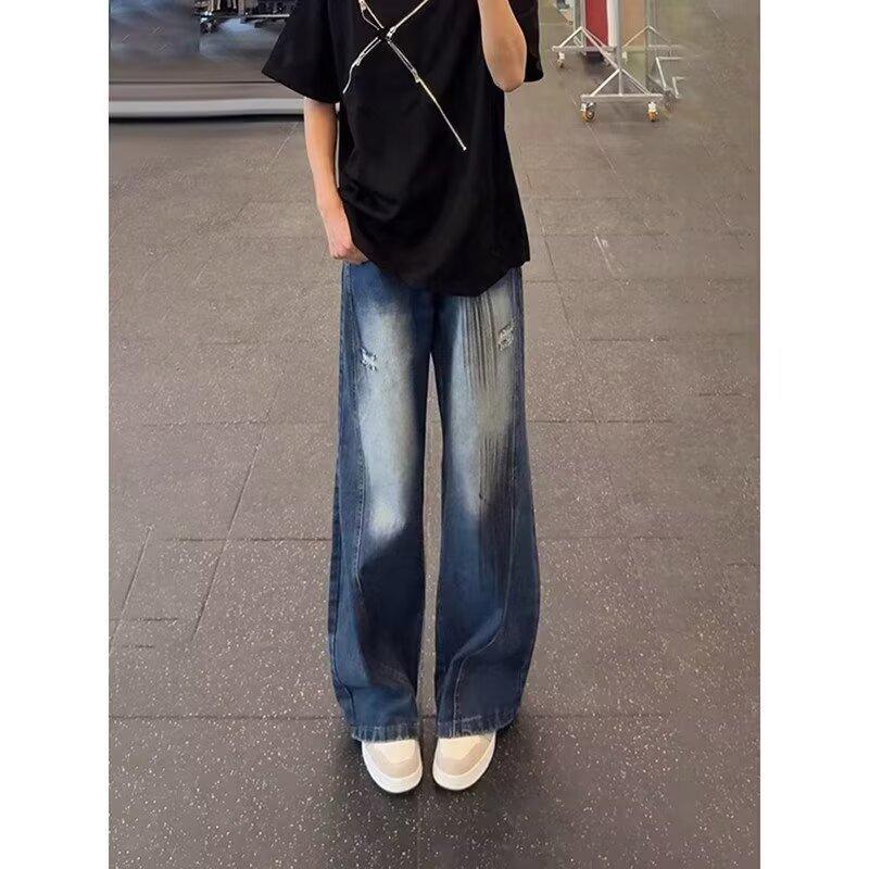 American Retro Blue Tooling Jeans Men's Summer Slightly Pulled Pants Loose Bf Lazy Wind Wide-leg Scimitar Pants