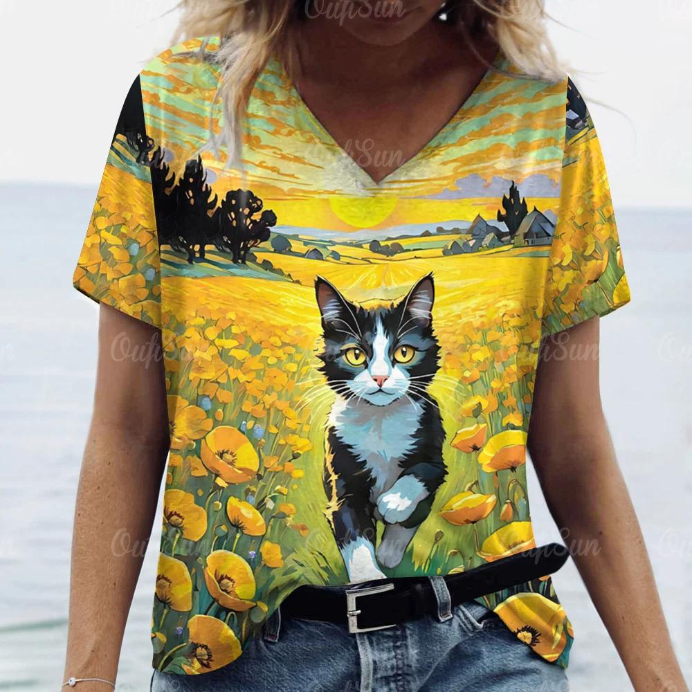 Summer Women Cute Cat T-shirt Fashion Trend V-Neck Tops Tees Female Casual Stylish Short Sleeve Clothing Ladies Vintage Outfit