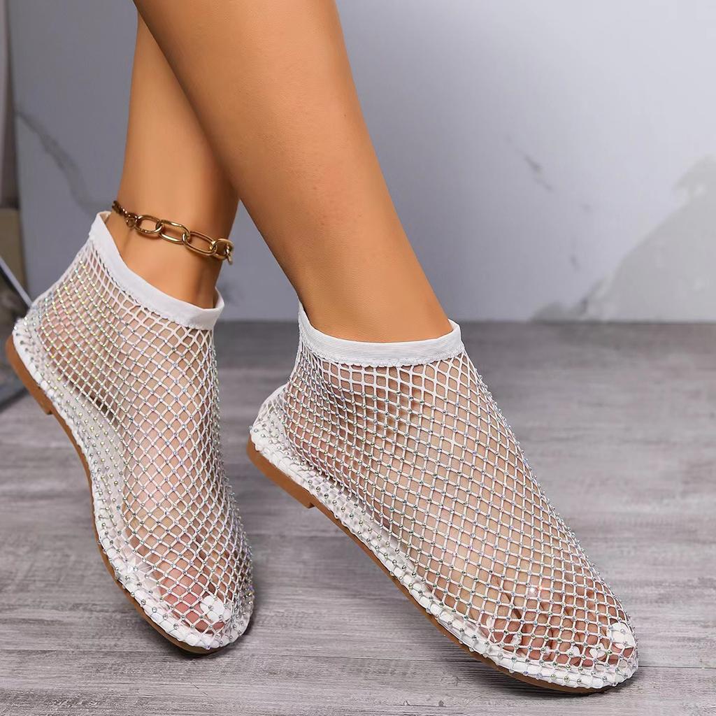 Summer sexy large size flat hollow sandals women's summer new round head sandals diamond short boots