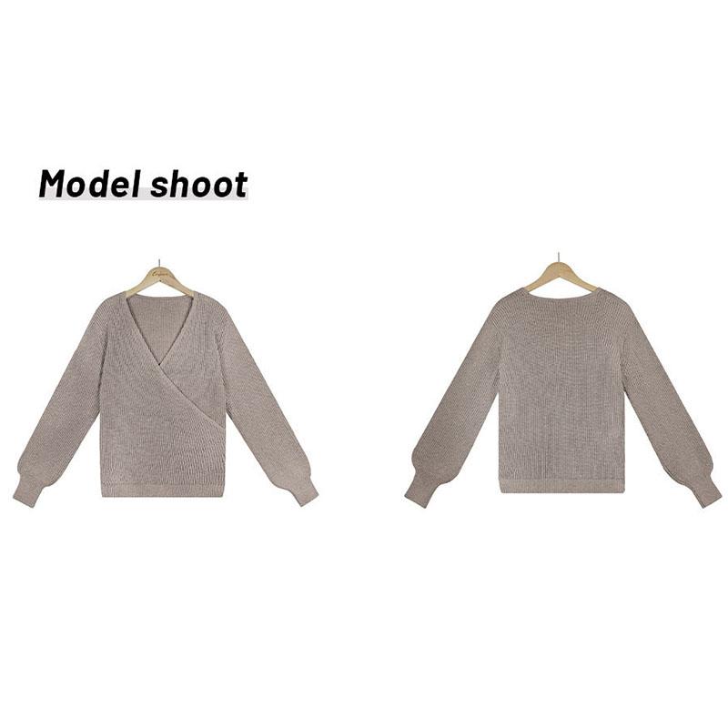 Sügis- ja talvine naiste kampsun Moodne pikkade varrukatega V-kaelusega ühevärviline pullover kootud kampsun