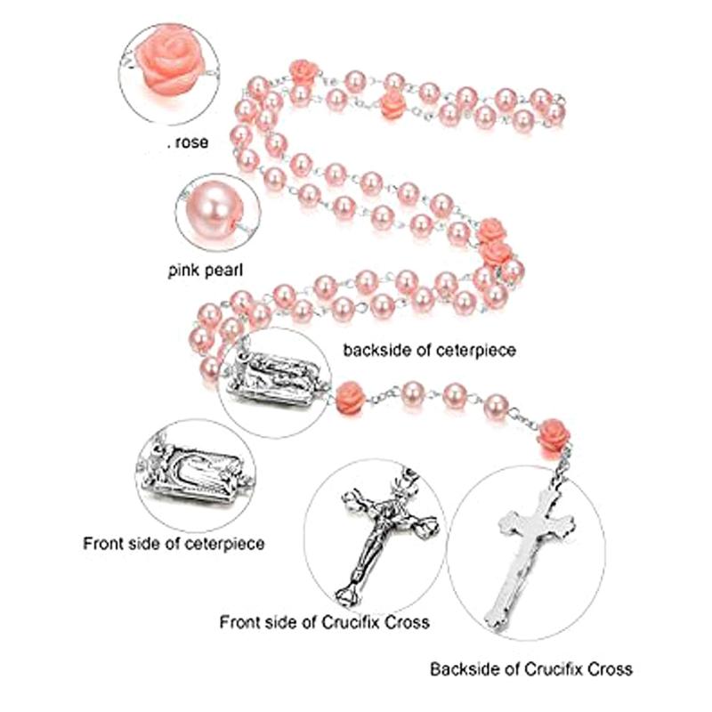 Elegant Cross Bead Necklace Rose Flower Glass Rosary Necklace Religious Jewelry Christian Prayer Beads Clavicle Chain