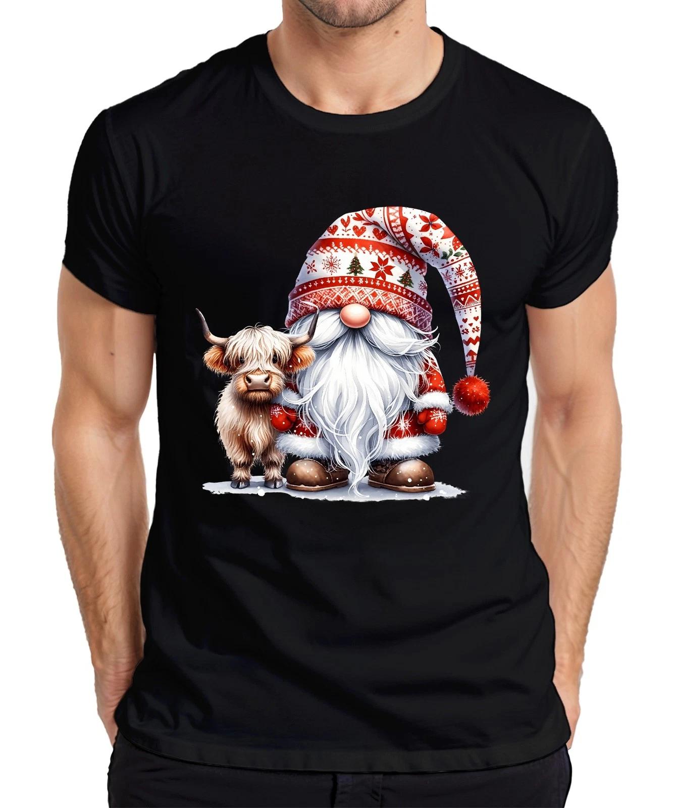 

Cute Santa Claus with Cow Horn Hat Christmas Decoration Men s T-Shirt- XL