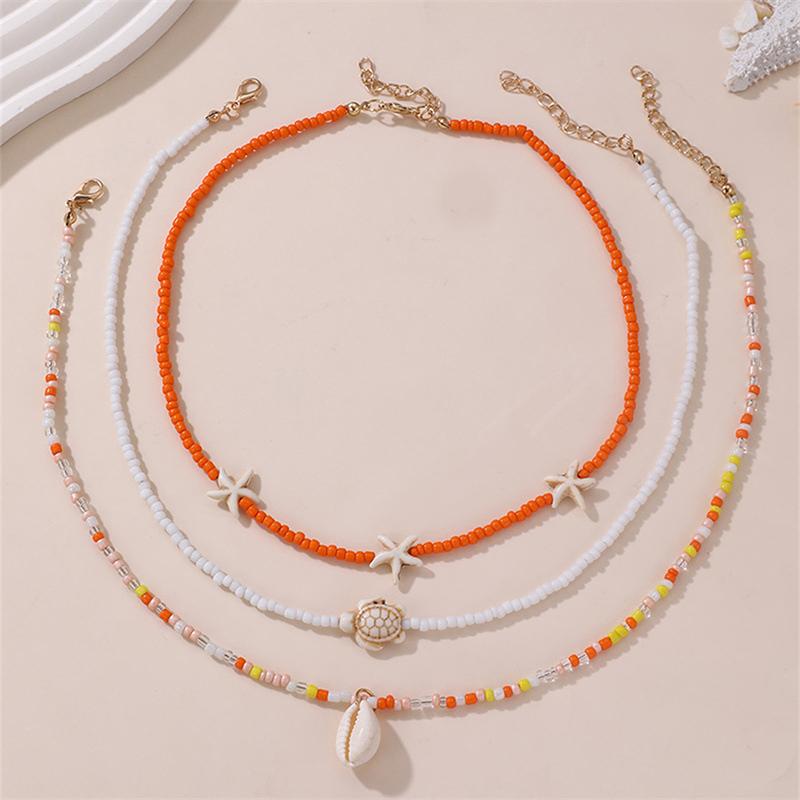 Bohemian Multilayer Rice Bead Chain Clavicle Necklace Vintage Acrylic Turtle Starfish Shell Pendant Choker Women'S Beach Jewelry