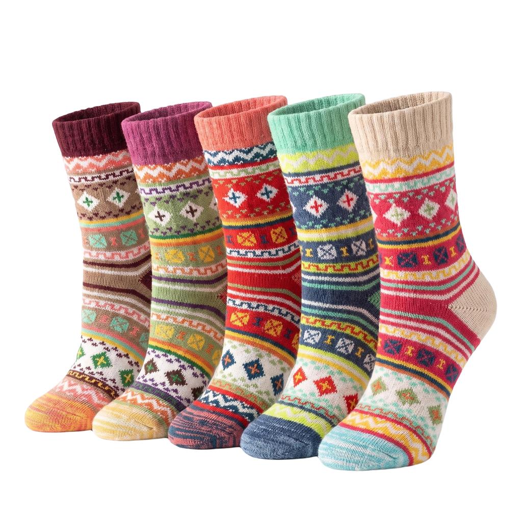 Women's Thick Warm Wool Mid-Calf Socks, Cross Flower Pattern, 5 Pairs
