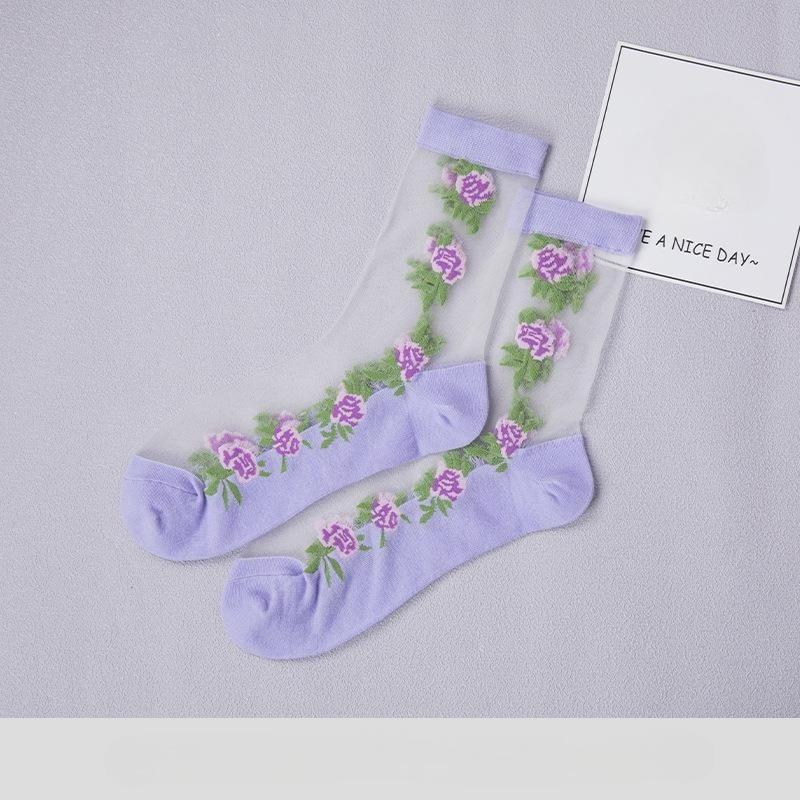 Summer Women Socks Ultra-thin Transparent Crystal Silk Socks Women Cartoon Print Japanese Kawaii Cute Funny Elastic Long Socks