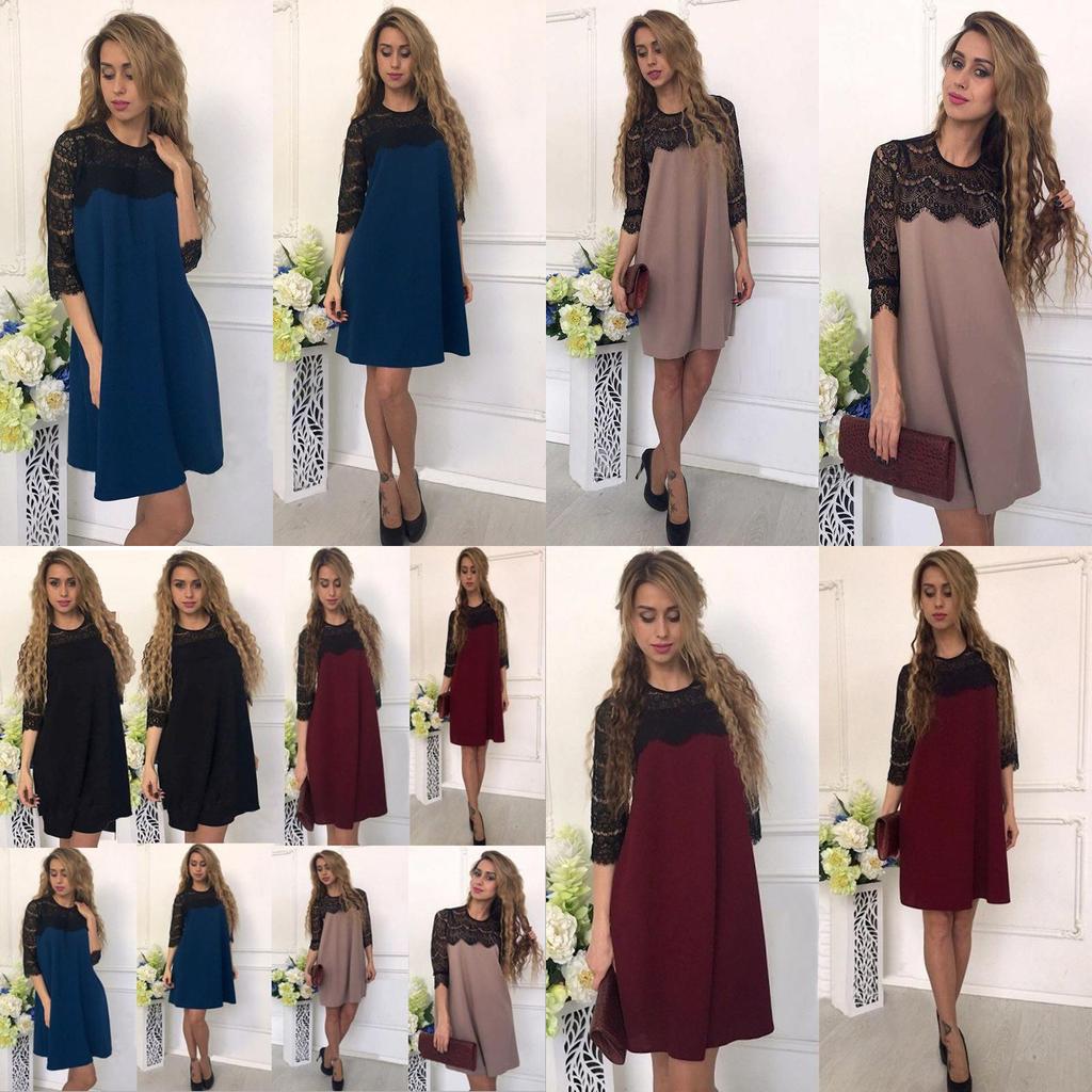 Elegant Women Pure Color Hollow Out Lace Splicing Dress For Stylish Occasions