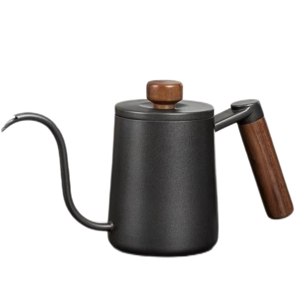 SOVIFKI Coffee Drip Pot with Measurement Markings, Walnut Wood Handle, Suitable for Camping and Direct Heat, with Lid, 580ml, Stainless Steel, Compact