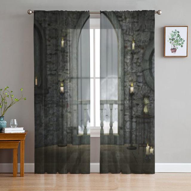 Gothic Vintage House Sheer Voile Curtains for Living Room Bedroom Kitchen Horror Theme Mysterious Landscape Tulle Window Curtain