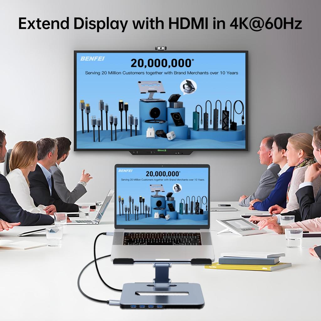 The BENFEI laptop stand comes with a USB-C 6-in-1 docking station, supporting HDMI 4K@60Hz, four USB 3.0 ports, and 100W PD, making it compatible with