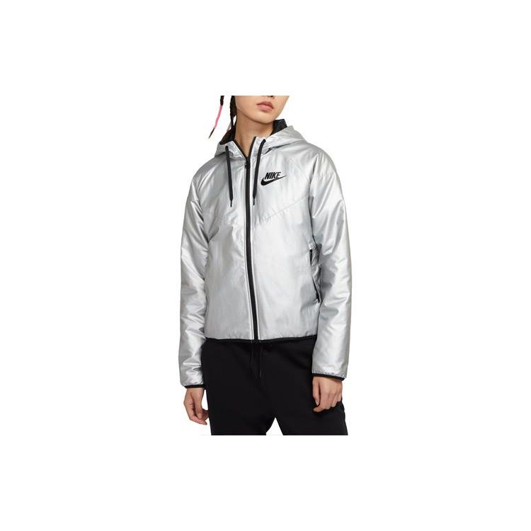 Nike Sportswear Metallic Silver Black Windrunner Women s Hooded Jacket CJ2262-095 XS