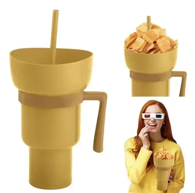 2In1 Snack Bowl Drink Cup with Straw Stadium Tumbler Water Bottle Straw Splash Proof Leakproof Portable Adults Kids Cinema Trip