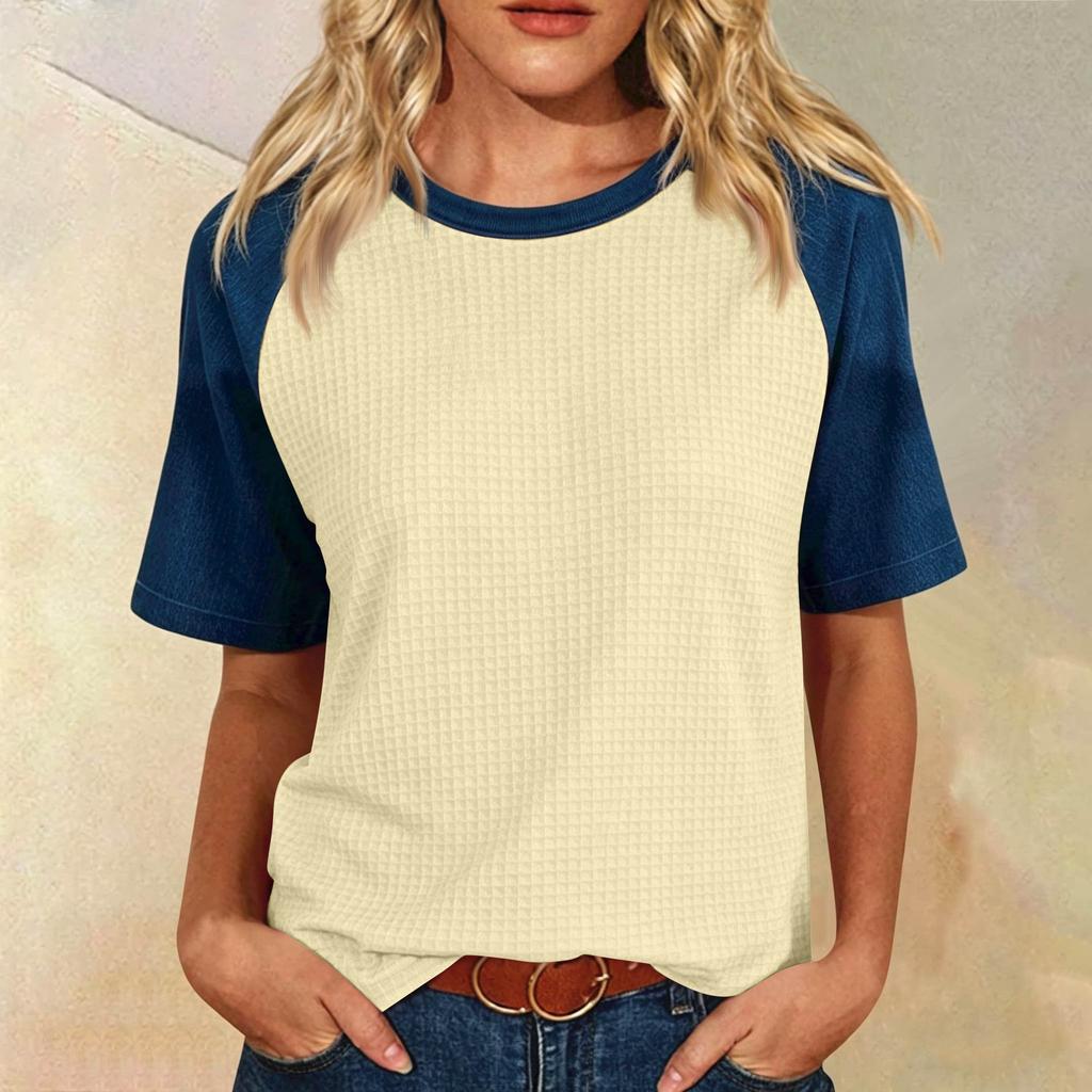Women’s Casual Vintage Lightweight Plus Size Waffle Knit Raglan Crewneck Top Loose Fit Short Sleeve Pullover Shirt
