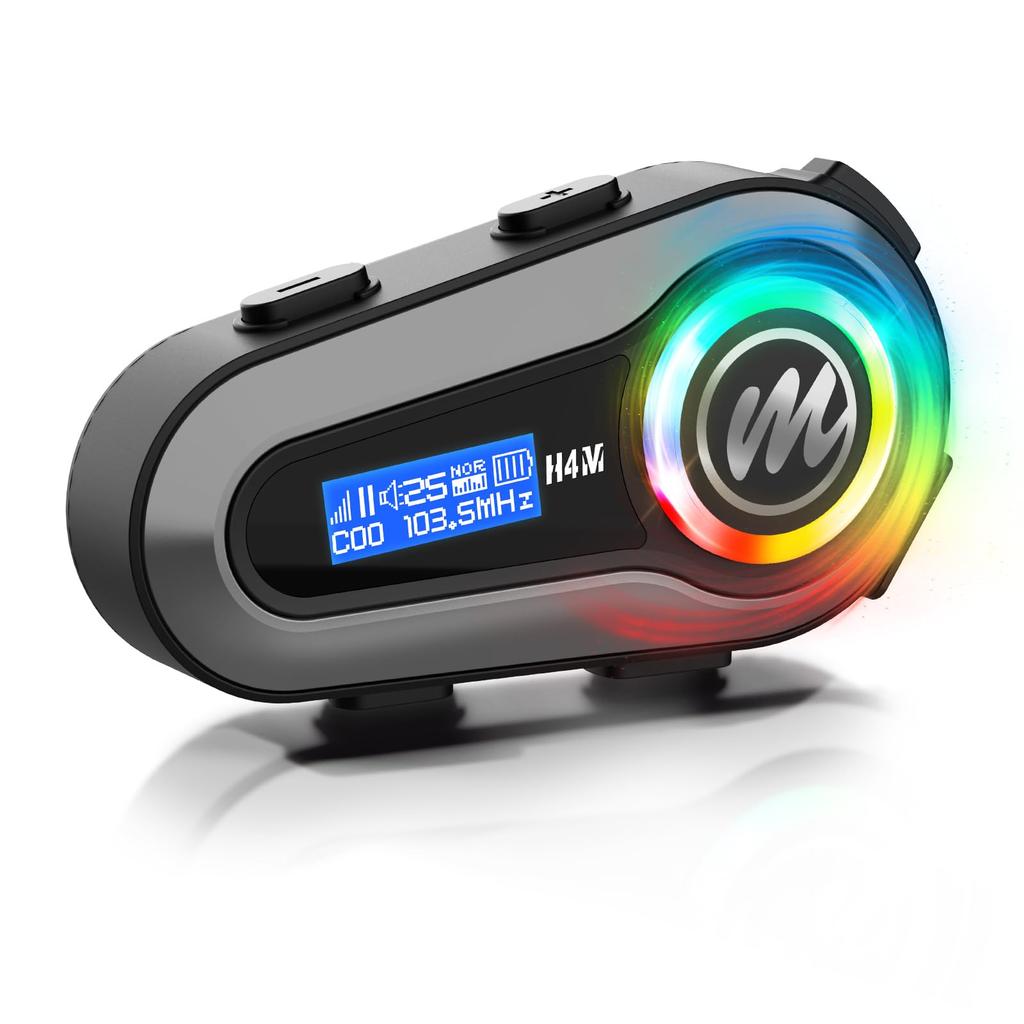Moman H4M Motorcycle Headset with LCD FM Dual Smartphone CVC Noise Japanese Voice IPX6 Sound for Solo Screen, Single-Person Intercom, Radio,