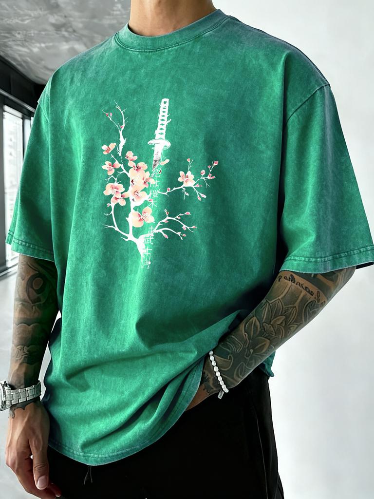 Japanese Cherry Blossom Sword Print Mens Washed TShirt Summer Cotton Short Sleeve Sport Running T Shirt Casual Loose Top