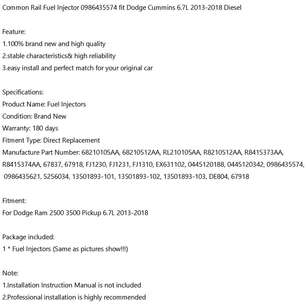 Common Rail Fuel Injector 0986435574 Fit Dodge Cummins 6.7L 2013-2018 Diesel
