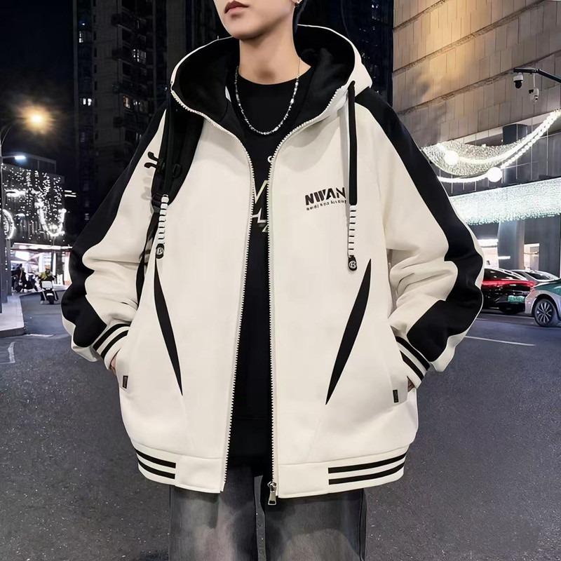 Men's Winter Fleece-Lined Hooded Baseball Jacket - Loose Fit, Plus Size Trend.
