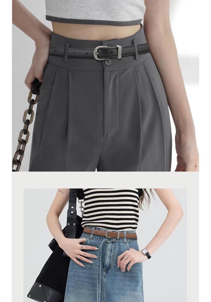 Elegant Women's Two-Layer Genuine Cowhide Leather Belt with Retro Silver Pin Buckle - Thin Decorative Accessory for Pants