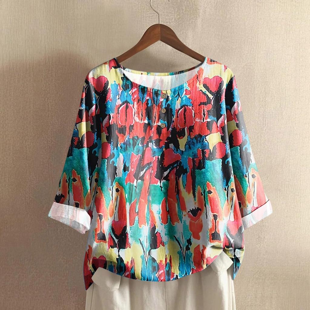 Women's Casual Three-quarter Sleeve Round Neck Gradient Color Printed Cotton And Linen Top