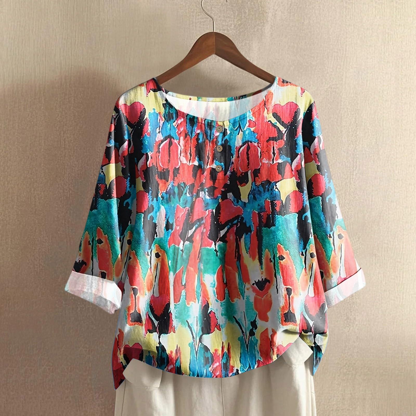 

Women s Casual Three-quarter Sleeve Round Neck Gradient Color Printed Cotton And Linen Top L