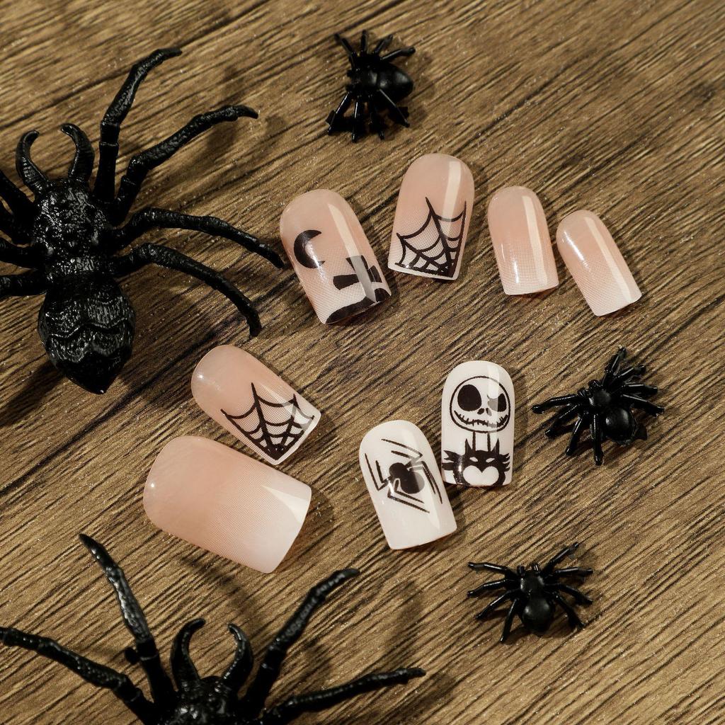 Spooky Halloween Nail Art Set: Spiderweb, Skull, Ghost, Moon & Cross Design Fake Nails