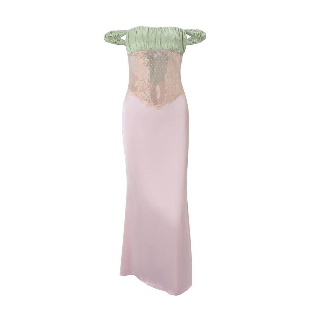 European and American women's clothing summer new French sweet slim-fitting high-waisted satin pleated color matching tube top dress