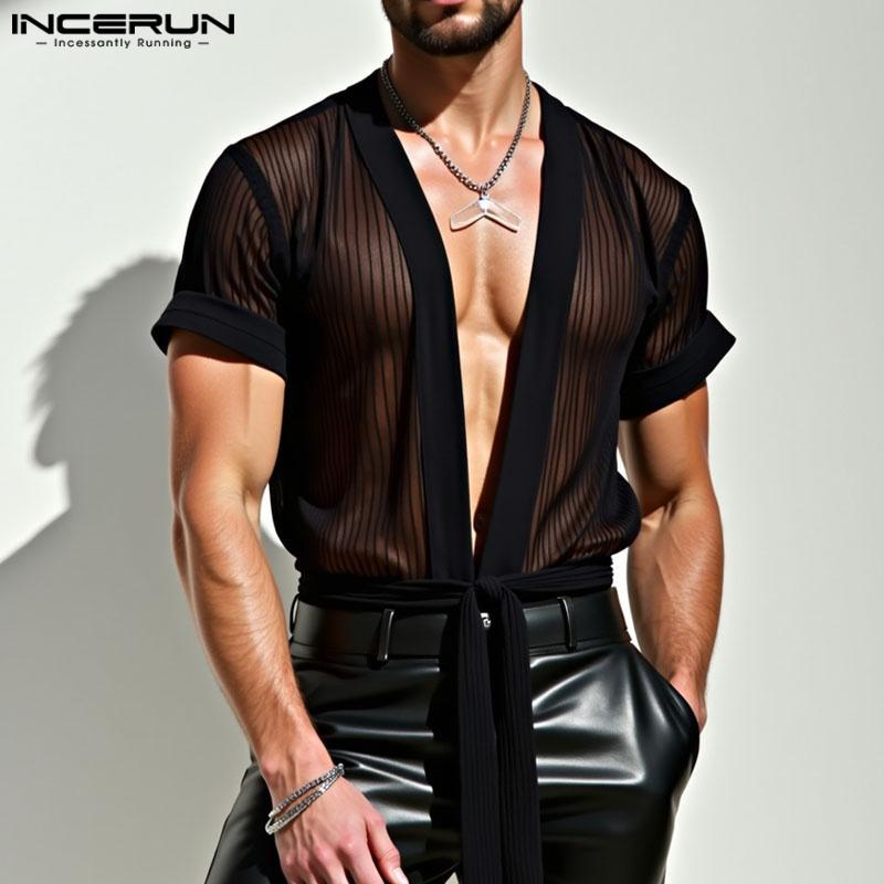 INCERUN Men Summer Short Sleeve Open Front Mesh Sheer See Through Tops T-shirts