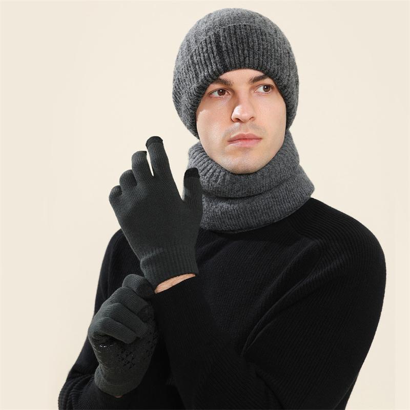 Winter Cashmere Wool Hat Warm Cold-Proof Knitted Hat Scarf Gloves Hat Three-Piece Set