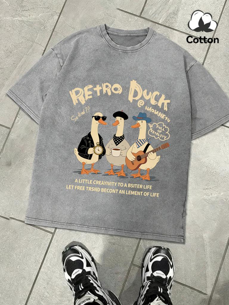 Retro Duck With Free Time Washed Mans TShirts Loose Fashion Tee Summer Cotton Short Sleeve Unisex Retro ONeck Streetwear
