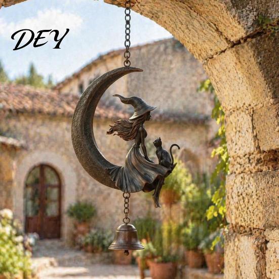 Indoor Outdoor Decorative Bells Witch Moon Wind Chime, Gothic Crescent with Black Cat Hanging Bell, Mystical Bell for Porch Garden Decor Patio Balcony