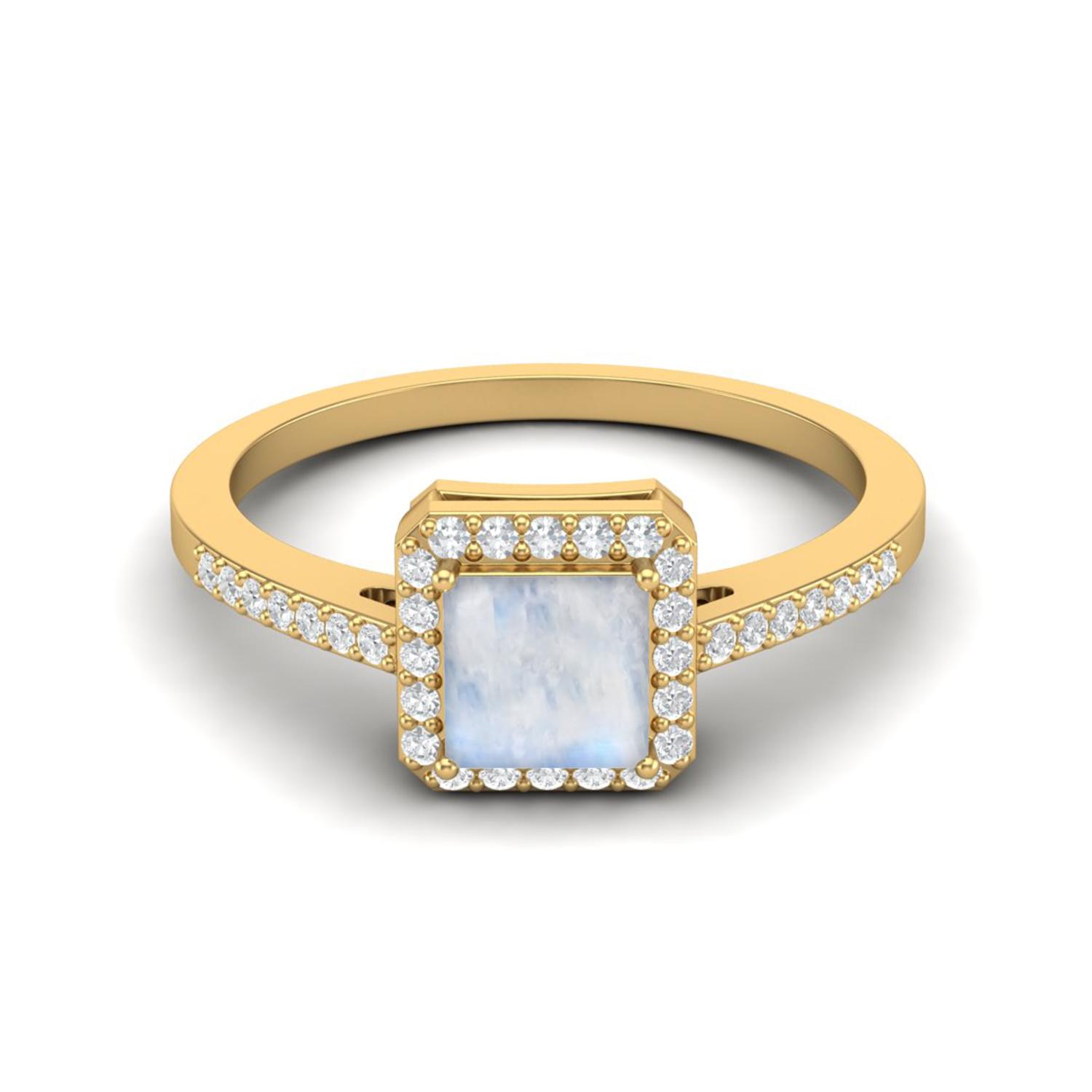 

6 MM Square Shape Moonstone Halo Accent 925 Sterling Silver Gold Vemreil Women Wedding Engagement Ring 9