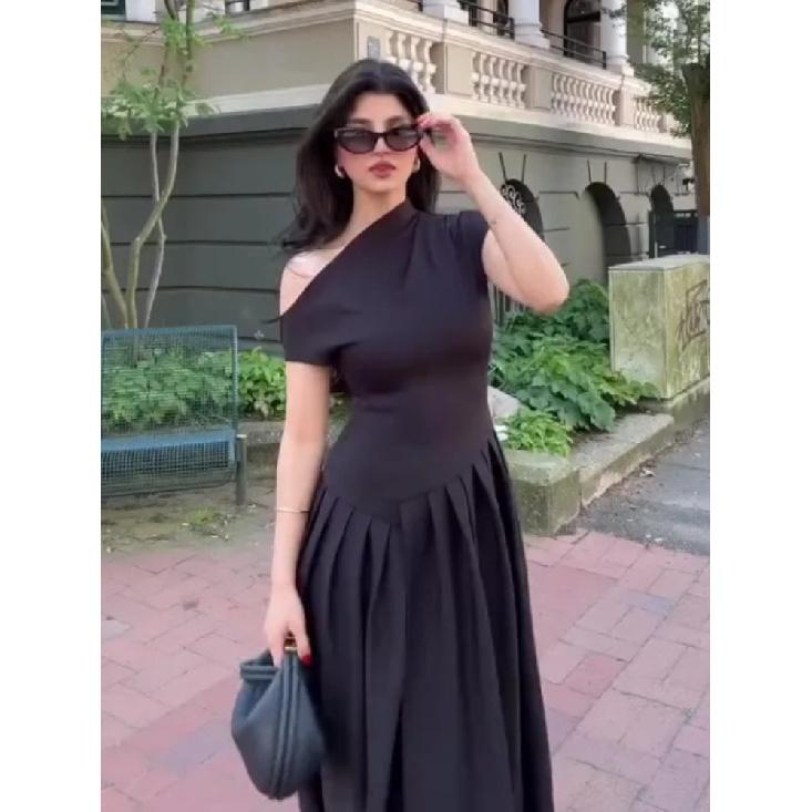 Women Elegant Green Pleated Dress Fashion O Neck Short Sleeve Patchwork Long Dresses 2025 New Casual Office Lady Streetwear