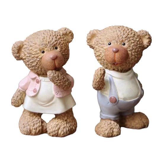 2Pcs Cartoon Couple Bear Sitting Standing Bear Resin Figurine Handmade Statue Vintage Animal A