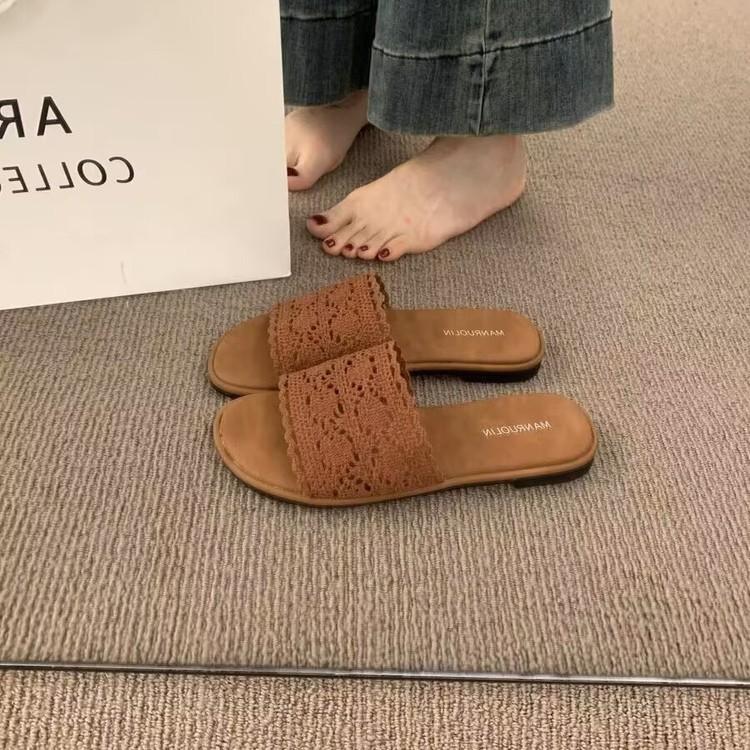 Vintage Casual Flat-bottomed Woven One-word with Open-toed Slippers for Women's Summer Wear Bohemian Seaside Vacation Beach Shoes