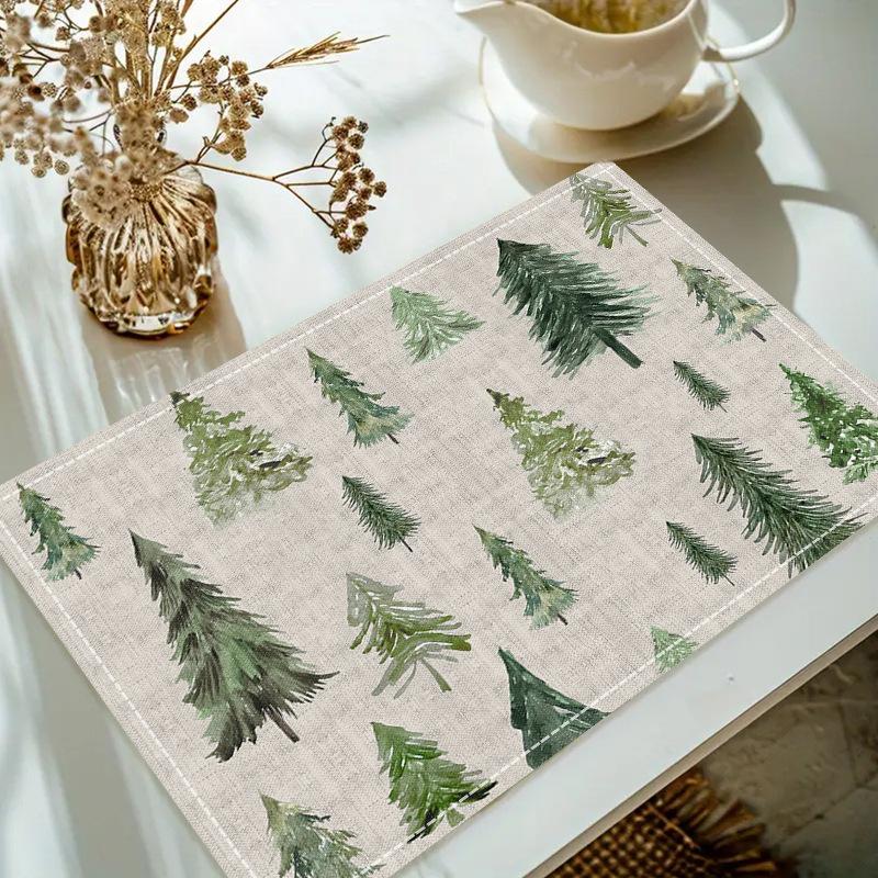 Christmas Linen Placemat Table Coffee Mat Poinsettia Pine Tree Snowflake Cone Merry Christmas Beige Red Green Elegant Decorative