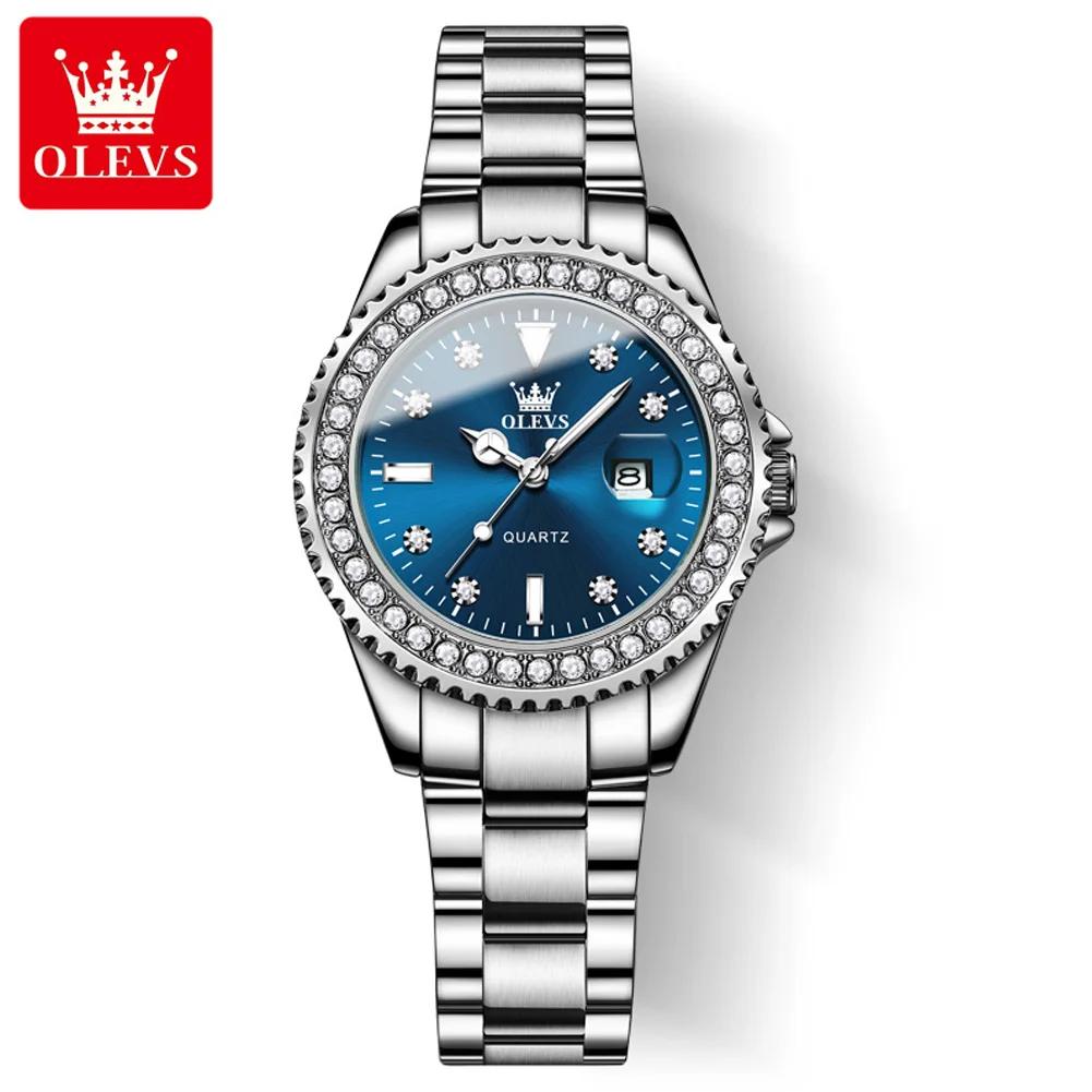 OLEVS Kvartsklokke for kvinner Diamond Dial Luxury Rustfritt stål Vanntett Elegant Dame Mote Topp Merke Dameklokke