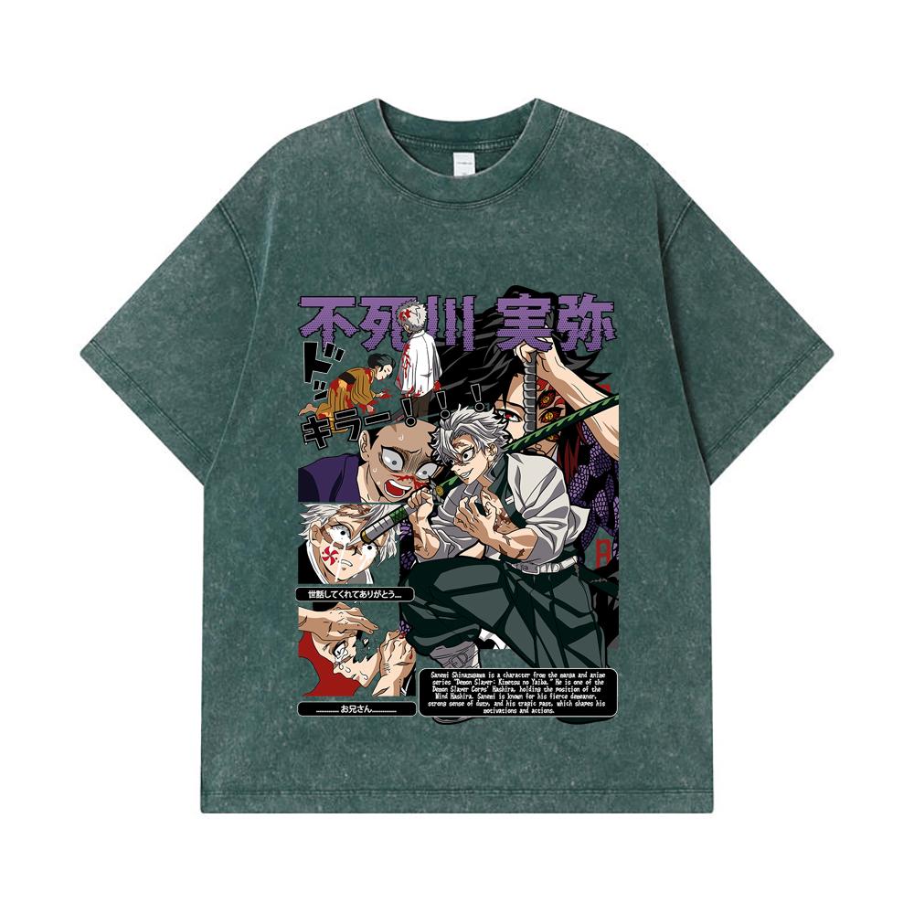 275 GSM Washed T-shirts 100% Cotton Demon Slayer V15 Sanemi Print Unisex Heavy Cotton T Shirt