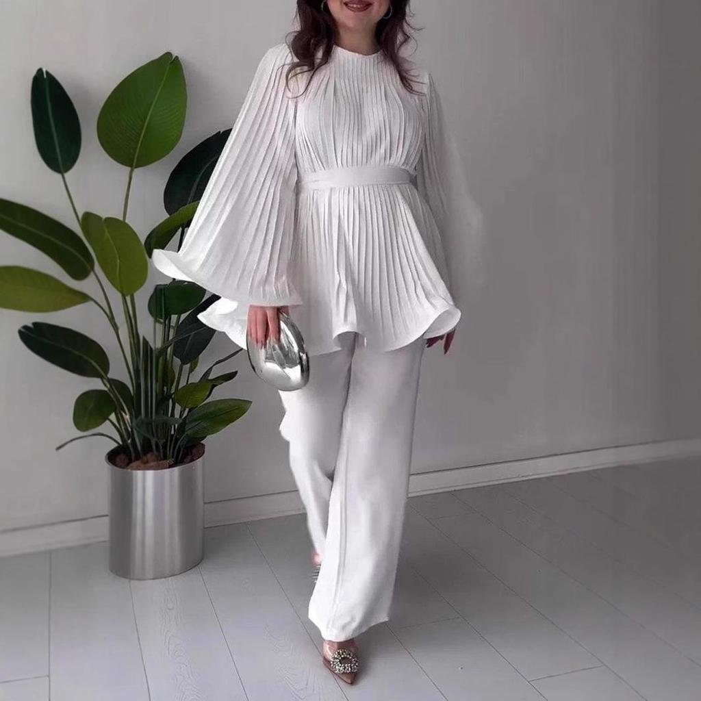 2024 Solid Color Pleated Ruffle Hem Loose Casual Long Pants Set